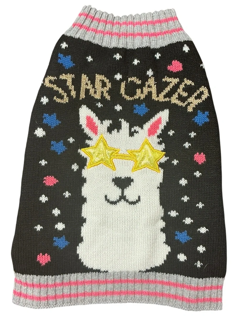 Star Gazer Llama Dog Sweater with Yellow Star Glasses